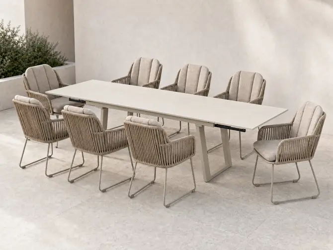 Tuintafel Manta 180 crème uitschuifbaar met 8x Carma Fauteuil creme, Vita Tuinmeubelen, tuincentrumoutlet.com