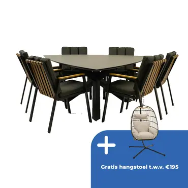 Tuintafel Triangel met 6 Leather antraciet stoelen