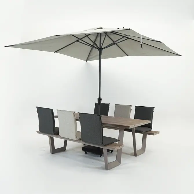 Vita Massa rechthoekige picknicktafel taupe zitjes en parasol sfeer, Vita tuinmeubelen, tuincentrumoutlet.com