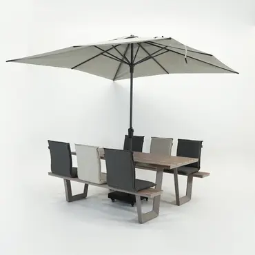 Vita Massa rechthoekige picknicktafel taupe zitjes en parasol sfeer, Vita tuinmeubelen, tuincentrumoutlet.com
