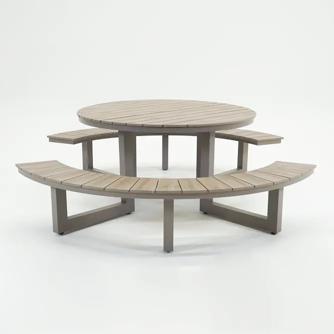 Vita Massa ronde picknicktafel taupe zijkant, Vita tuinmeubelen, tuincentrumoutlet.com