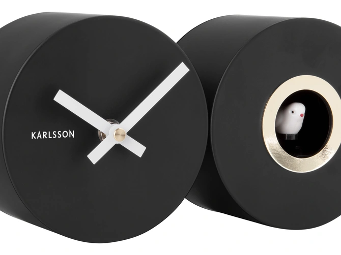 Wall clock Duo Cuckoo matt black details, present time, tuincentrumoutlet.com