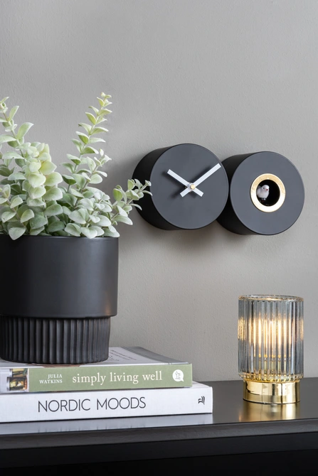 Wall clock Duo Cuckoo matt black sfeer, present time, tuincentrumoutlet.com