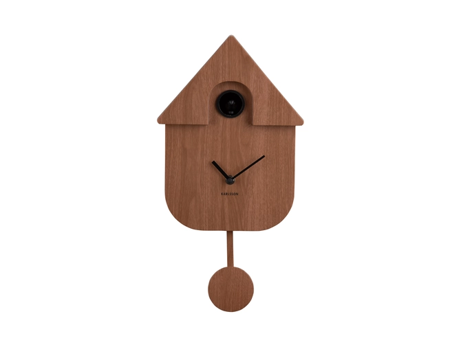 Wall clock Modern Cuckoo dark wood print voorkant, present time, tuincentrumoutlet.com