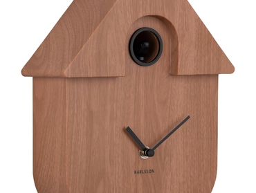 Wall clock Modern Cuckoo dark wood print details, present time, tuincentrumoutlet.com