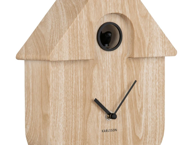 Wall clock Modern Cuckoo light wood print details, present time, tuincentrumoutlet.com