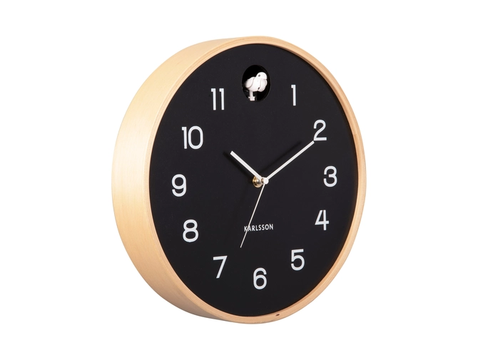 Wall clock Natural Cuckoo birch wood black zijkant, present time, tuincentrumoutlet.com