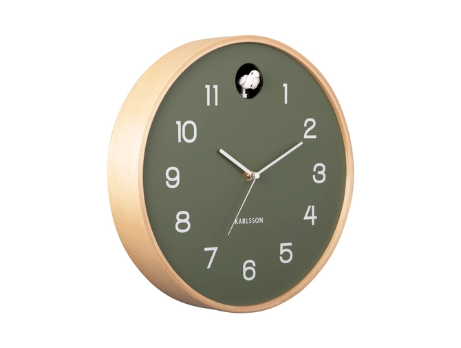 Wall clock Natural Cuckoo birch wood jungle green zijkant, present time, tuincentrumoutlet.com