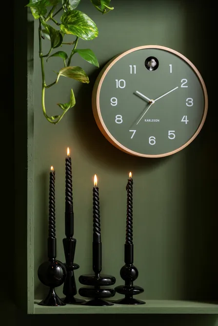 Wall clock Natural Cuckoo birch wood jungle green sfeerfoto, present time, tuincentrumoutlet.com
