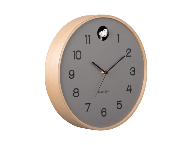 Wall clock Natural Cuckoo birch wood mouse grey schuin, present time, tuincentrumoutlet.com
