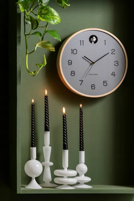 Wall clock Natural Cuckoo birch wood mouse grey sfeerfoto, present time, tuincentrumoutlet.com